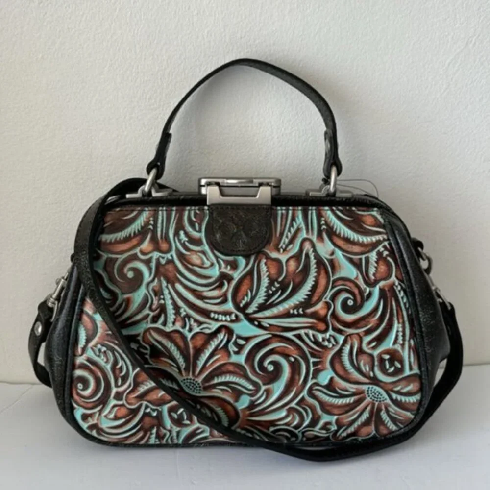 Patricia Nash Turquoise Framed Gracchi Tooled Brntl Leather Crossbody Handbag